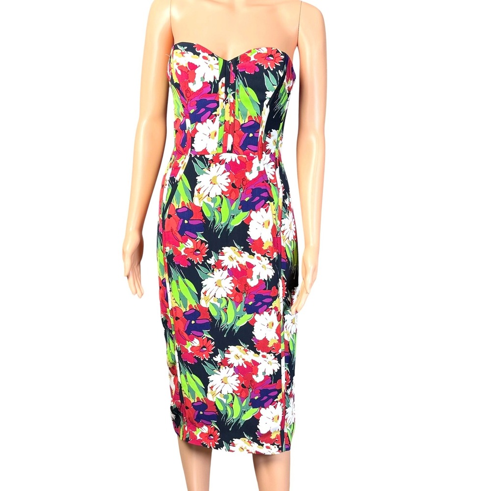 Veronica Beard Saffron Multi Floral Strapless Sheath Dress Sweetheart Midi Sz 8